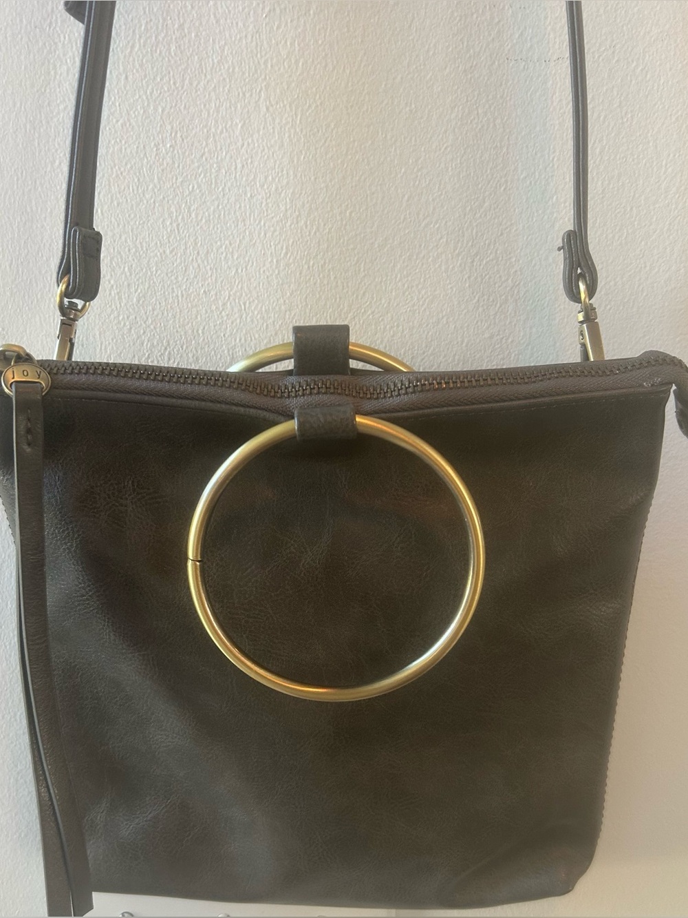 Joy Susan Gray Leather Shoulder Bag Gold Ring Accent Adjustable Strap
